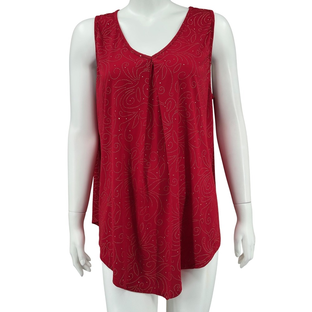 Amana Top Women 3X Red V-Neck Sleeveless Tank Embellished Studded Stretch Office